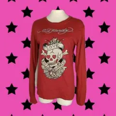 美品 Ed Hardy ロンT 長袖Tシャツ スカルレッド 平成 ラインストーン