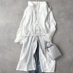 パラスパレス ロングシャツワンピース ブラウス 総柄 白 長袖 ベルト ３のサムネイル