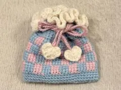 編み物 手編み 巾着 ハート 水色 ブルー フリル ポーチ 小物入れ