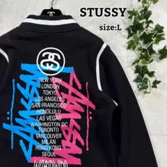 【00s STUSSY】即完売品 刺繍 アーチロゴ スタジャン フーディー L STUSSY - 『STUSSY × APE』(XL) バーシティ スタジャン