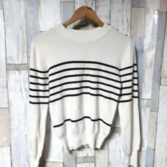 index☆シルク混　ボーダーニットセーター　肌触り良　L　ホワイト