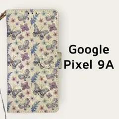 Google Pixel9a 手帳ケース バタフライ リーフ柄 ストラップ