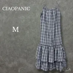 チャオパニック【M】チェック柄ギャザーキャミワンピース ティアード ブルー