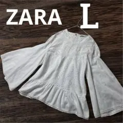 ZARA 刺繍レースブラウス ホワイト フレア袖 ボヘミアン ナチュラル L