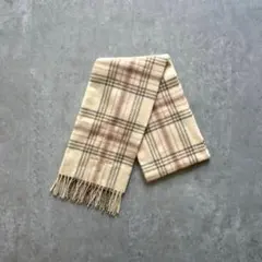 ランセル◎ロゴ刺繍◎ナチュラルカラー◎ワイド幅◎チェック柄フリンジマフラー