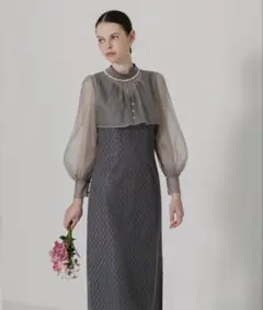 【LEJA】パールネックパフスリーブボレロ格子レースワンピースドレス グレー