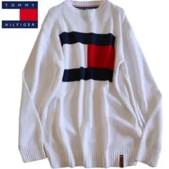 【TOMMY HILFIGER】綿ニット　ハイゲージ　フラグロゴ　白　L★