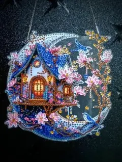 桜に囲まれた三日月の家 壁飾り ルームオーナメント インテリア