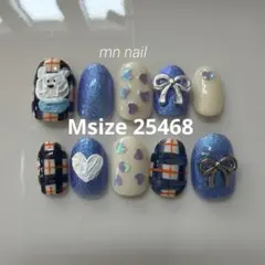 【現品】リボン　チェック　ハート　ショートネイルチップ