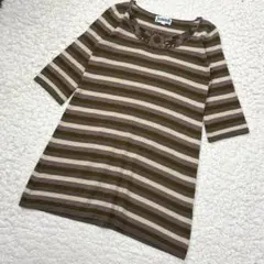 ホコモモラ 七分袖 ボーダー ニットワンピース ミドル丈 フレア 花デザイン