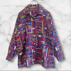 総柄デザイン長袖シャツブラウス昭和レトロポップ幾何学模様ヴィンテージカラフル古着