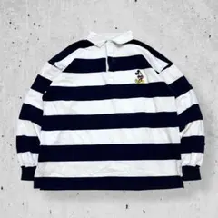 90sDisneyミッキーマウス刺繍太ボーダーラガーシャツネイビー白XL相当古着