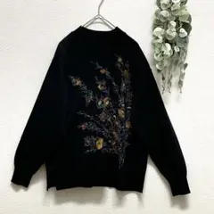 花柄ハイネックニット☆長袖☆ブラック☆プリント☆上品☆カジュアル☆昭和レトロ