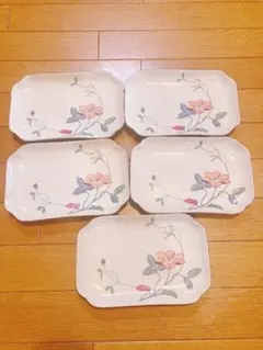 昭和レトロ 花柄 長方形皿セット 大皿1枚・小皿5枚 ヴィンテージ プレート 昭和レトロ 花柄 長方形皿セット 大皿1枚・小皿5枚 ヴィンテージ