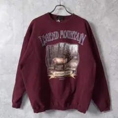 90s USA製 アニマルプリント スウェット えんじ ボルドー XL 古着 鹿