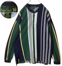 90s古着ポニー刺繍ロゴ×マルチカラーストライプヘンリーネックロンTゆったりXL