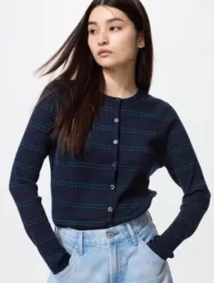 新品 ユニクロ / メリノリブクルーネックショートカーディガン（NAVY・L）
