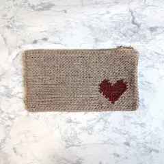 【ハンドメイド】両面ハート♡ペンケース　コスメポーチ　ラテベージュ×ボルドー