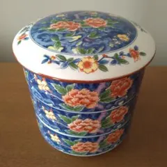 峰山窯　蓋付き煮物椀　 青色花柄 3層