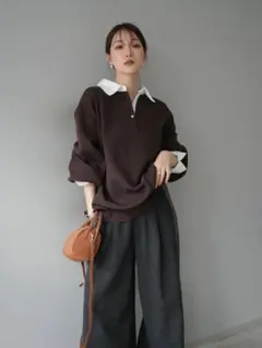 襟付きポロニットプルオーバー/ブラウン　新品未使用