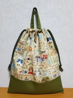 持ち手付き巾着袋  上靴入れ お道具袋   トレイン’24柄×ブルー 持ち手付き巾着袋 上靴入れ お道具袋 トレイン ブルー 新幹線 踏切