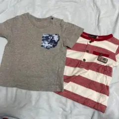 グレー迷彩ポケットTシャツと赤白ストライプTシャツセット