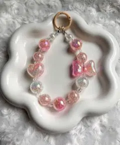 ビーズストラップ　キーホルダー　ピンク　スマホストラップ　リボン　ハート