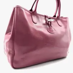 LONGCHAMP　トートバッグ　レザー　ピンク　ロゾ　ロゴ型押し　シルバー金具