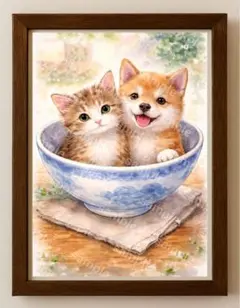 【水彩画アート】どんぶりワンニャン2L版写真用紙