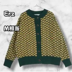 S0261　カーディガン　ニット　幾何学柄　総柄　イエロー×グリーン　Ｍ