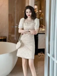 【未使用新品】 アイボリー レース パーティードレス