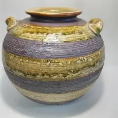 ストライプ花瓶 紫・緑・クリーム色陶芸
