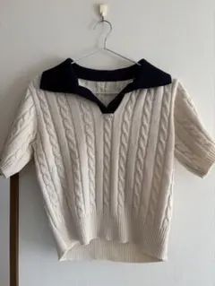 アイボリー ケーブルニット 半袖セーター