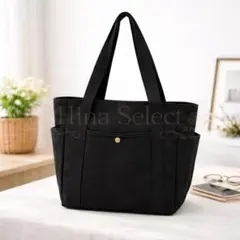 大容量 トートバッグ 黒＊キャンバス A4収納 多ポケット 肩掛け 軽量