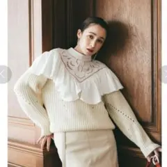 【リリーブラウン】フリル ドッキング ニット ブラウス 襟付き ニット 春ニット