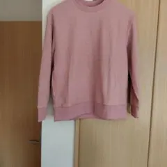 リブ編みクルーネック長袖トップス ピンク