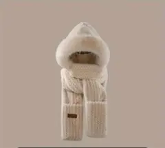 フワフワ マフラー 帽子付き クリーム色