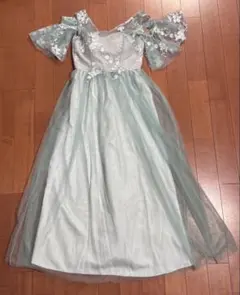 チュール＆花刺繍 ドレス グリーン Lサイズ（ロング丈）