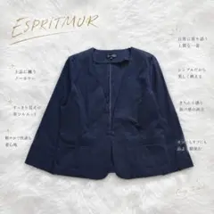 Y8684【エスプリミュール】ノーカラージャケット Vネック 通勤 紺 Lのサムネイル