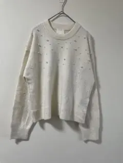 H&M パール付 ニット セーター M ホワイト レディース きれいめ 3-7