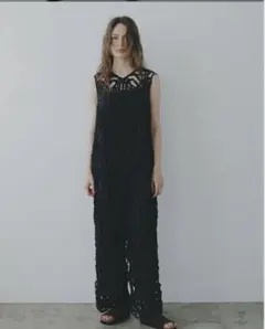 黒 レース編み ノースリーブオールインワン