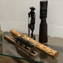 アジアン風民芸 4点 木彫りセット 行商人風像 モアイ風顔オブジェ 彫刻杖 豹像