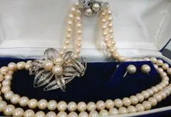 S 真珠推測 3点セット 二重ネックレス イヤリング ブローチ クリーム パール