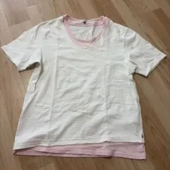 a.v.vメンズ、レディース半袖Tシャツ レイヤード風 ホワイト×ピンクのサムネイル