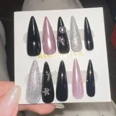 ネイルチップ ブラックパープル紫　韓国地雷系量産系　かわいい長い新品未使用付け爪