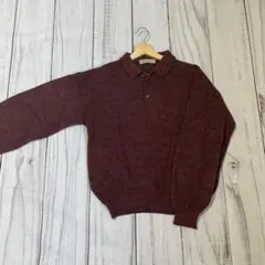 赤系ニットポロセーター 長袖 3ボタン