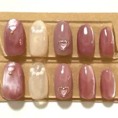 【ハンドメイド】ネイルチップ ピンク ワンカラー マグネット 立体パーツ