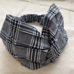 ハンドメイド　59 綿チェック　幅広ターバン　カフェ　ヘアバンド　大きめサイズ