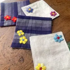 【ハンドメイド】ぷっくり花の刺繍コースター 4枚セット（北欧風＆和モダン）