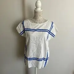 ホワイト×ブルー ライン 半袖 リネンTシャツのサムネイル